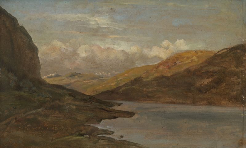 Landscape at Nystuen in Filefjell de Johan Christian Dahl, óleo que muestra un río y un valle al atardecer.