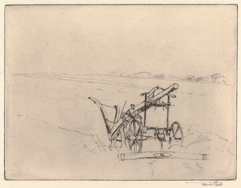 A Norfolk Plough de Sir Frank Short, obra de realismo que muestra un paisaje rural con un arado de madera.