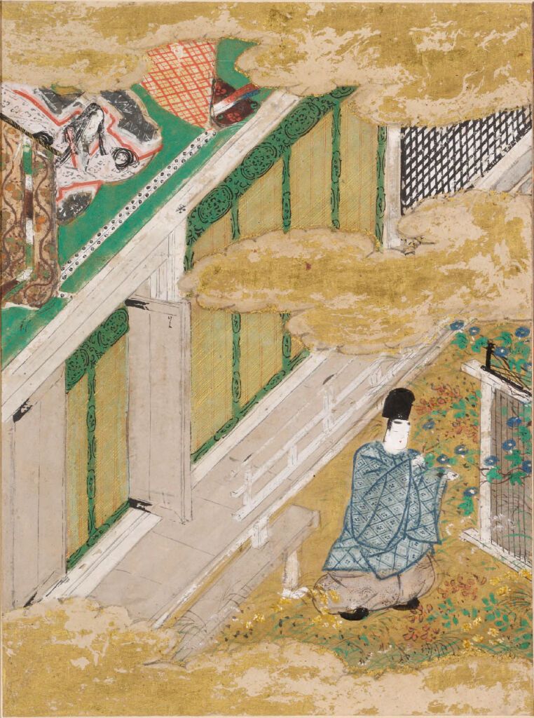 Ilustración dorada de Tosa Mitsunobu que representa hojas de hiedra de la Tale of Genji
