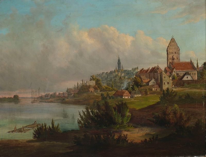 Pintura paisajística al óleo de Wojciech Gerson que muestra techos y cielo.