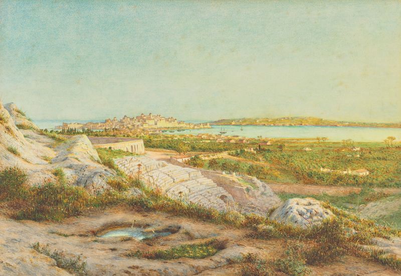 Syracuse de Henry Wallis, óleo sobre tela que retrata uma paisagem com tons suaves e profundidade emocional.