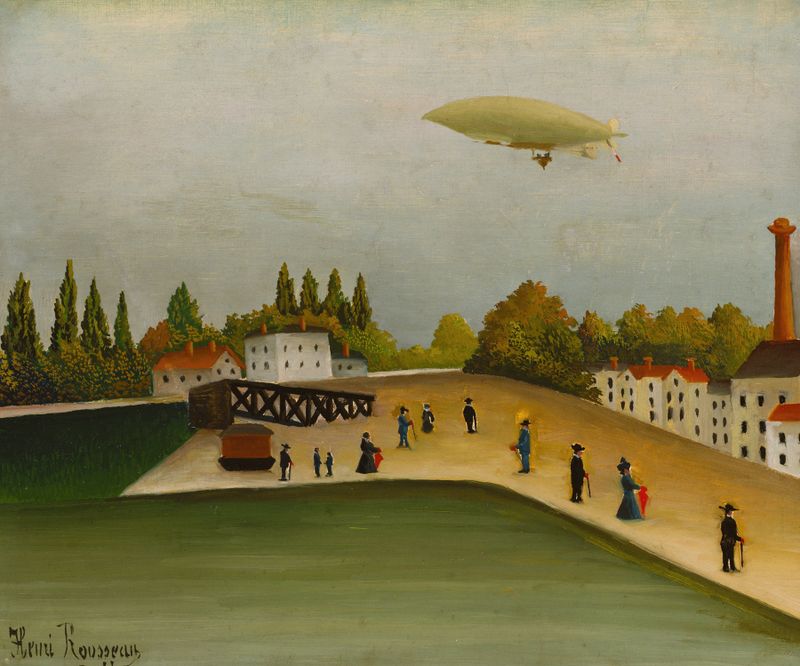 Landscape with a river and village, trees under a colorful sky, oil painting by Henri Rousseau