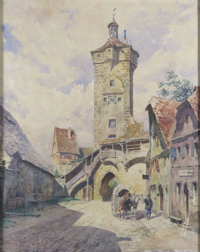 Klingentorturm Rothenburg de Heinrich Rettig, pintura a óleo de uma torre contra um céu azul