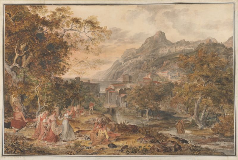 Young country women dancing in a landscape, oil on canvas by Joseph Anton Koch