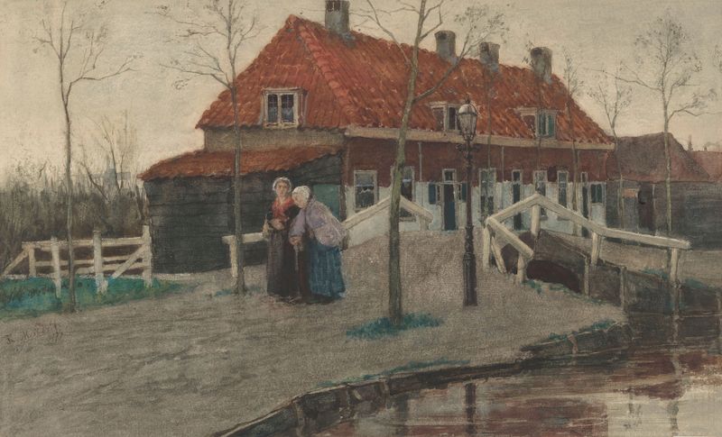 Paisaje de pueblo con casas de techo de paja y cielo de atardecer de Theo Mesker, óleo sobre lienzo