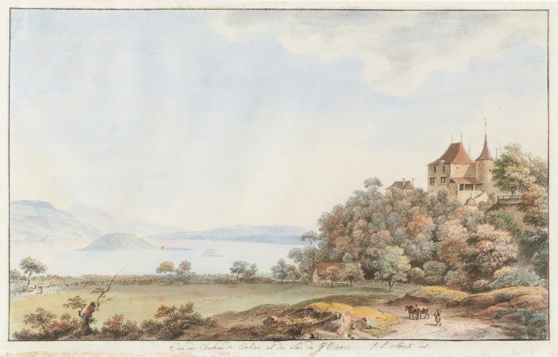 Landscape with Lac de Bienne and hills by Johann Ludwig Aberli, oil painting