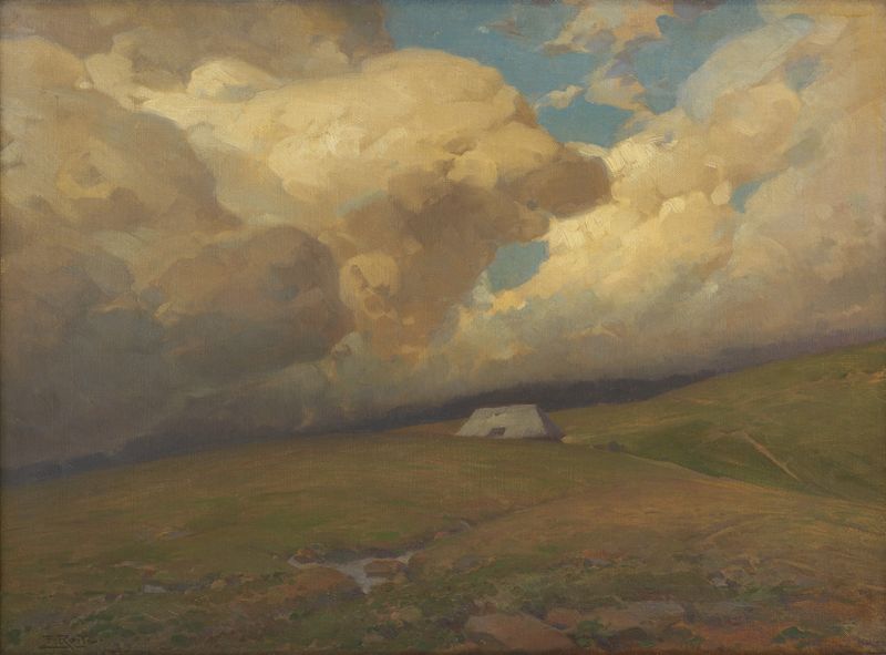 Lonely Black Forest Farm by Fritz Reiss, oil on canvas depicting a farmhouse in a green forest