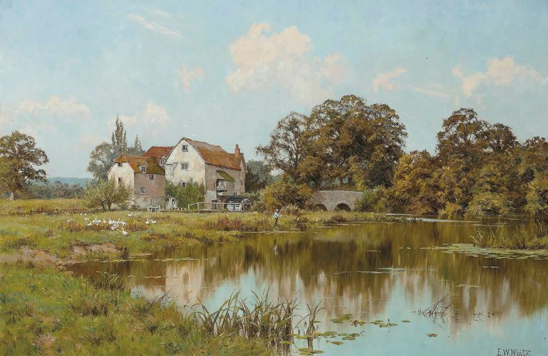 The Old Watermill by Edward Wilkins Waite, oil on canvas depicting a tranquil river scene