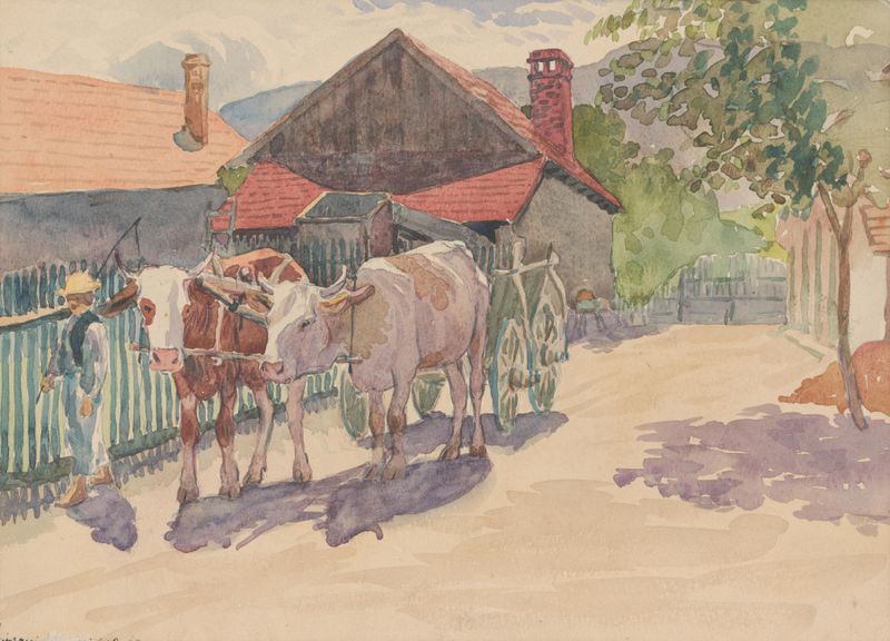 Dedina s kravami by Ján Thain, oil on canvas depicting a village in rolling hills.