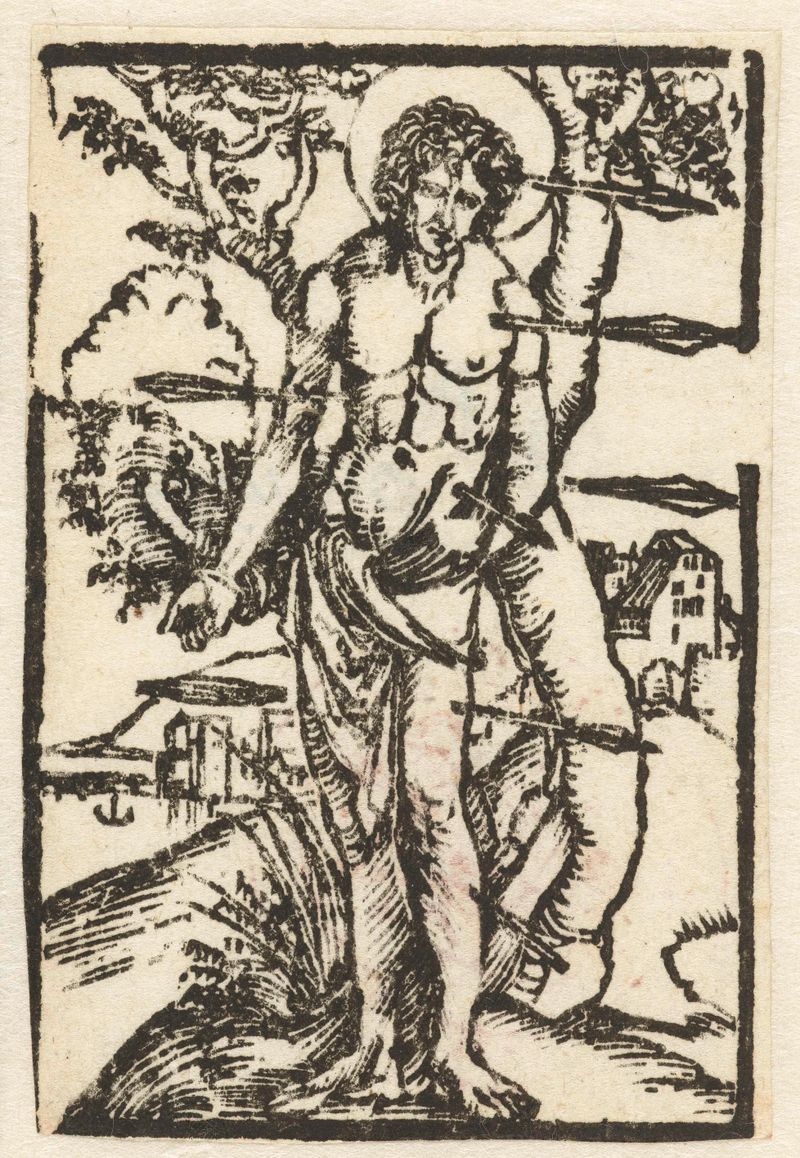 Heilige Sebastiaan de Albrecht Dürer, meio papel, retrata um mártir amarrado mostrando força e vulnerabilidade.