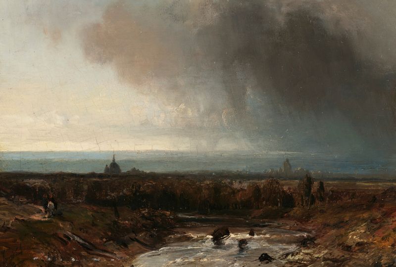 Uma paisagem fluvial sob um céu tempestuoso, pintura a óleo de Johan Barthold Jongkind
