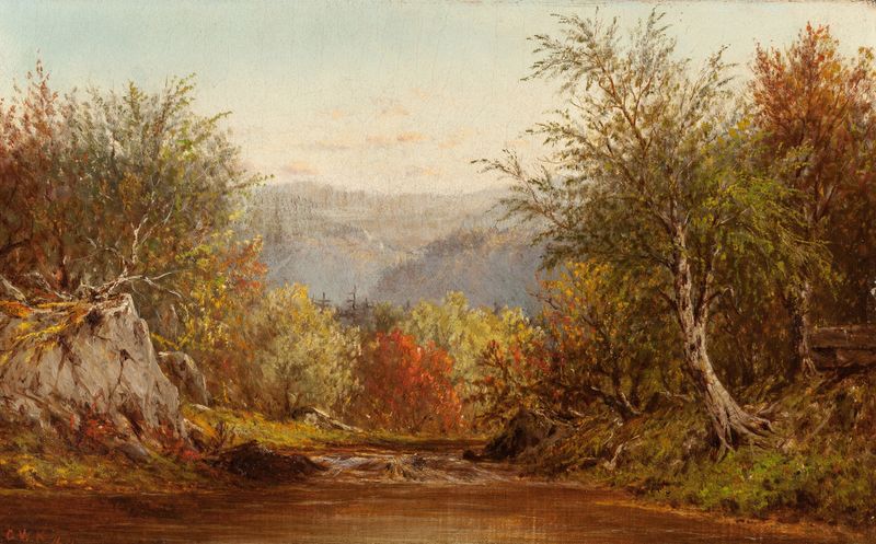 Outono nos Catskills, óleo sobre tela de Charles W. Knapp, com folhagem vibrante de outono.