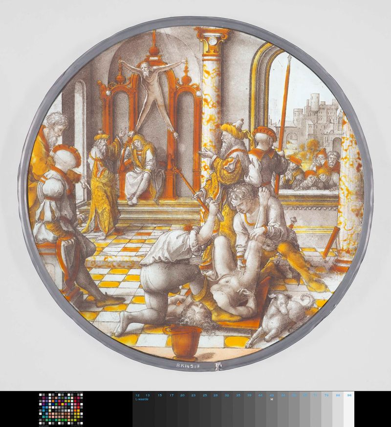The Judgement of Cambyses, lead medium by Dirck Vellert, depicting Cambyses observing punishment.