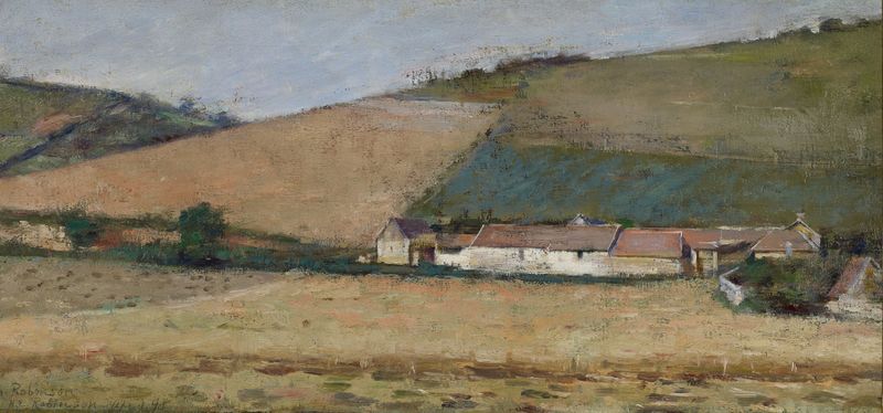 Oil painting by Theodore Robinson depicting a farm among green hills in Giverny
