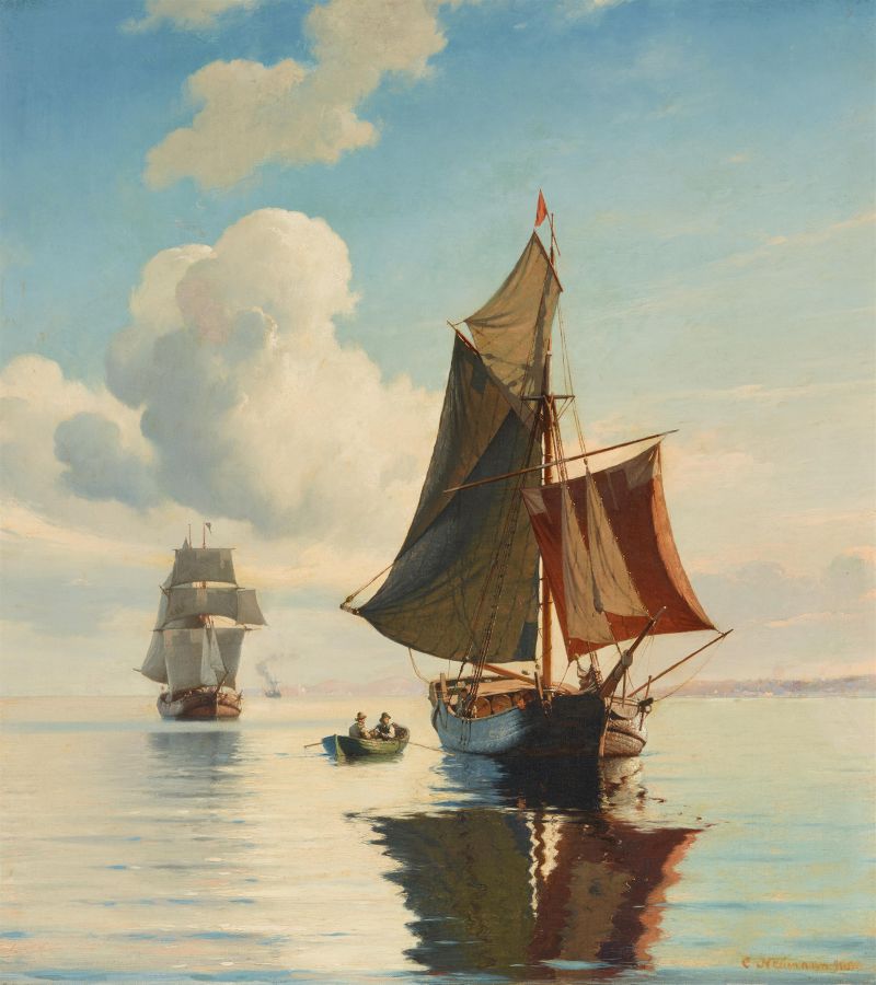 Escena marina con un velero en aguas tranquilas, pintura al óleo de Carl Johann Neumann