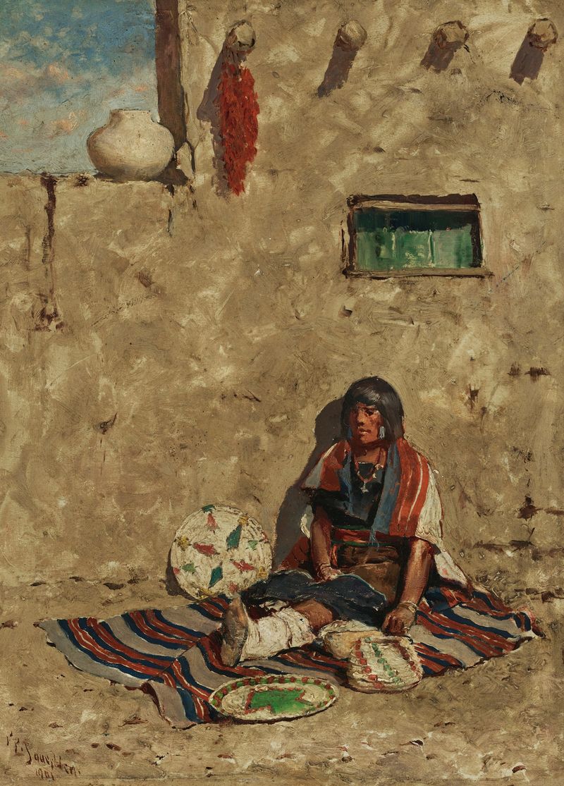 Pueblo Scene de Frank Paul Sauerwein, óleo sobre lienzo que representa estructuras de adobe al atardecer.