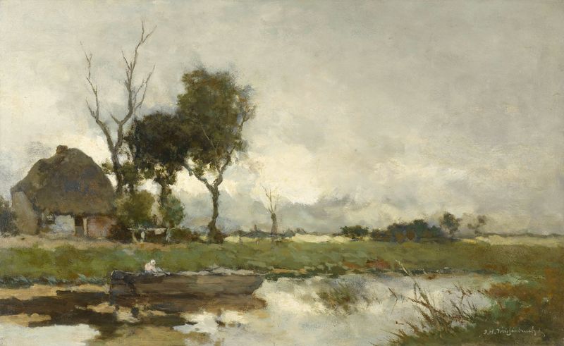 Autumn landscape with trees in oil on canvas by Johan Hendrik Weissenbruch