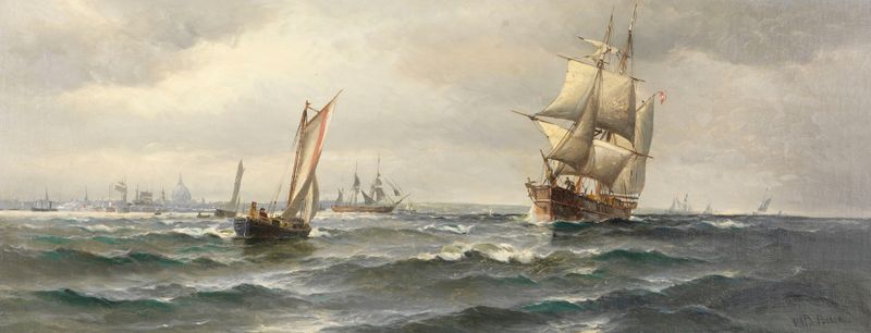 Sailboats in a harbor, oil painting by Vilhelm Bille