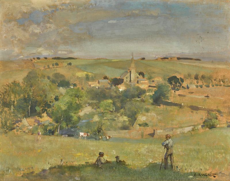 Pintura a óleo de Edward Arthur Walton com colinas onduladas e um brilho do pôr do sol.