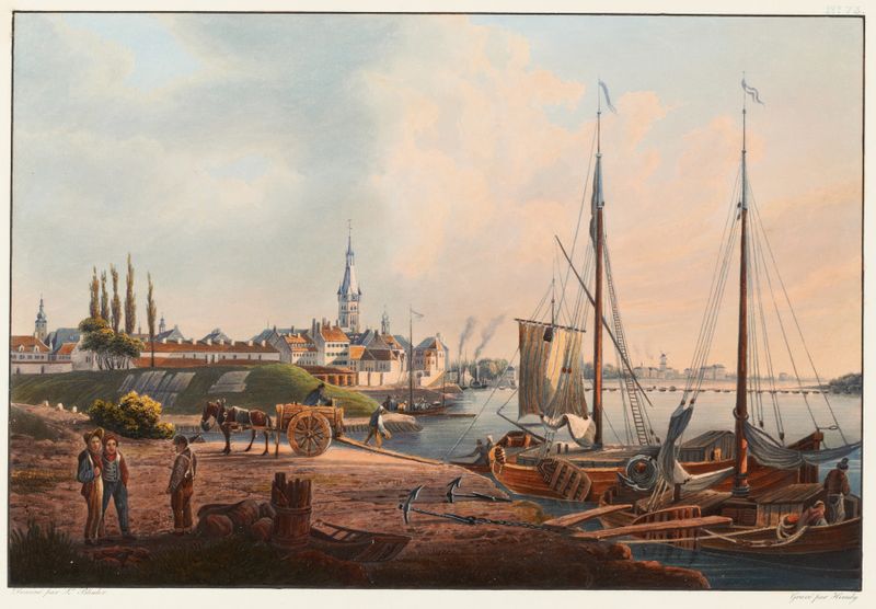 Paisagem retratando o horizonte de Düsseldorf, pintura a óleo de Johann Ludwig Bleuler