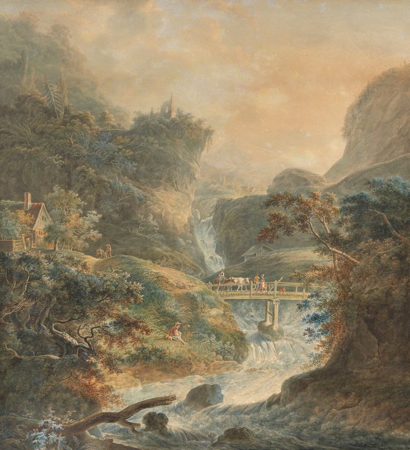 Landschaft mit reißendem Bach im Juragebirge de Peter Birmann, pintura al óleo que muestra un arroyo y montañas.