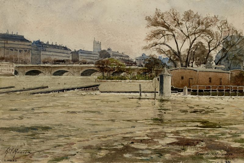 Impressionist oil painting of the Seine River flood by Henri Laurent Mouren