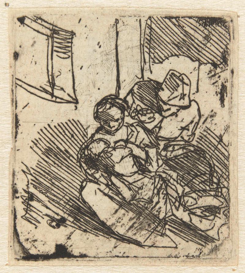 Etching by Cornelis Pietersz. Bega of a mother nursing her child in soft light.