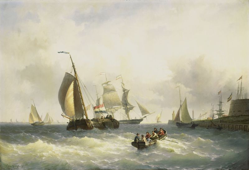 Anchorage at Bremerhaven de Willem Gruyter jr, óleo sobre lienzo que muestra barcos y agua bajo un cielo nublado