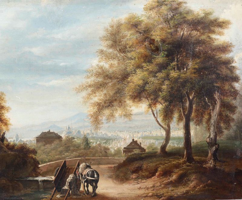 Pintura a óleo de paisagem por Michele Cesare Danielli apresentando colinas e uma cidade.