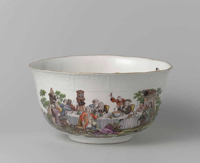 Ceramic punchbowl depicting A Midnight Modern Conversation by Meissener Porzellan Manufaktur