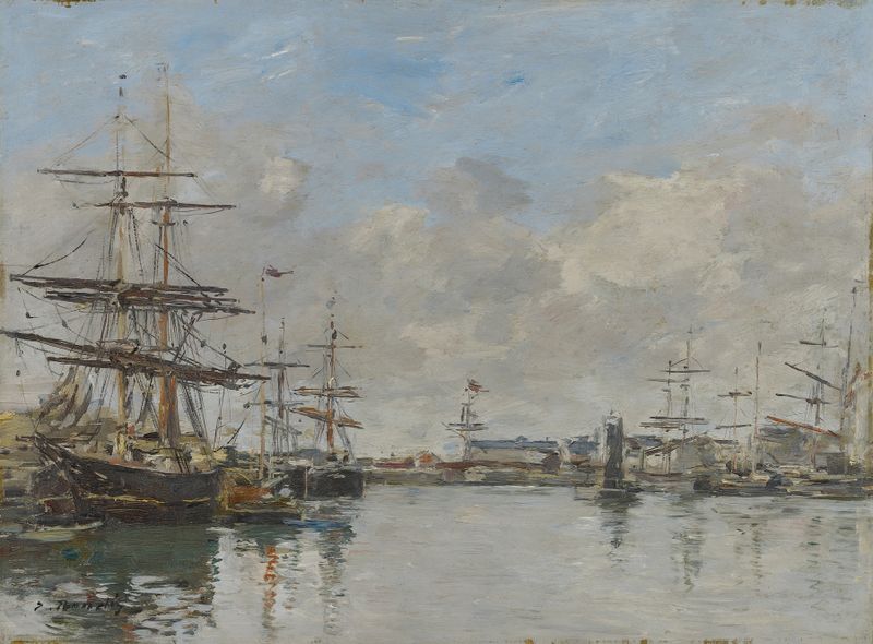 Pintura a óleo de O Porto de Le Havre por Eugène Boudin, com barcos e água.