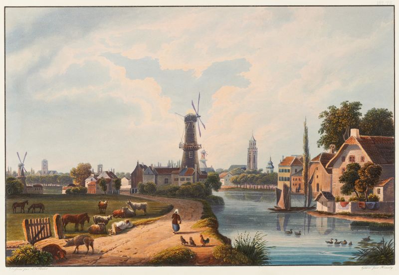Vue de la ville d’Utrecht, oil on canvas by Johann Ludwig Bleuler, depicting a serene landscape with buildings.
