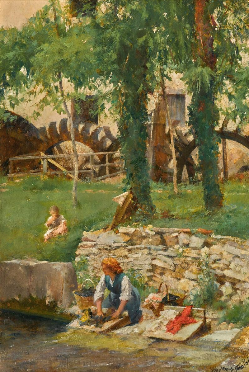 Washing Day, pintura al óleo de Henry Woods, mostrando ropa colgando en un soleado pueblo italiano.