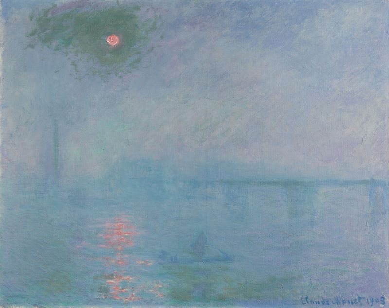 Charing Cross Bridge: Fog on the Thames by Claude Monet, oil on canvas, depicting a foggy river landscape.