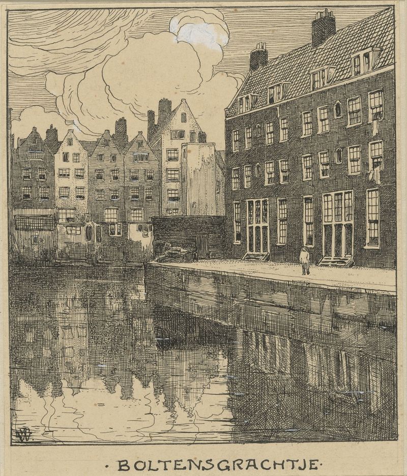 Boltensgrachtje te Amsterdam de Willem Wenckebach, óleo sobre lienzo que representa un canal y cielo.