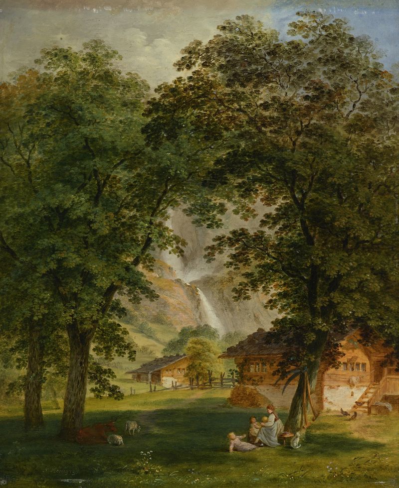 Paisaje con una cascada y montañas, óleo sobre lienzo de Franz Niklaus König