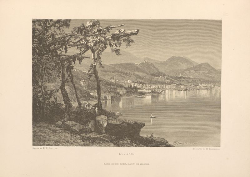 Paisagem de Lugano, pintura a óleo de Theodor Gsell Fels, com montanhas e um céu vibrante.
