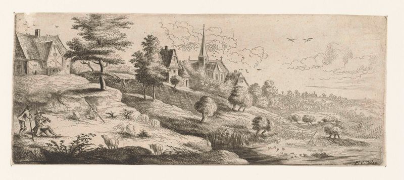 Landscape with a village and a man playing a shawm, etching by Lucas van Uden.