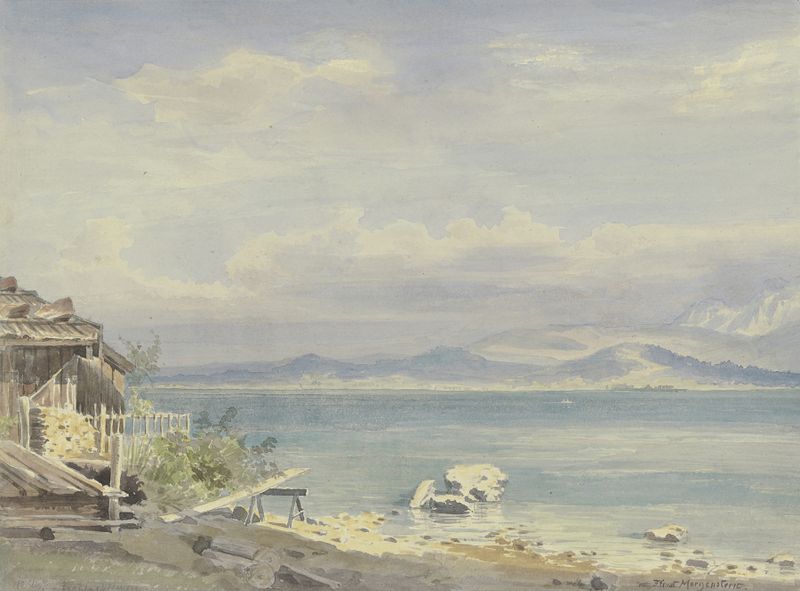 Frauenchiemsee lake reflecting a muted sky, oil painting by Friedrich Ernst Morgenstern