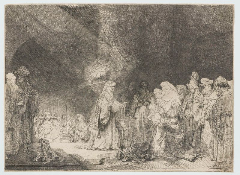 Grabado de Rembrandt van Rijn que muestra a un niño elevado en un templo rodeado de figuras en túnicas.