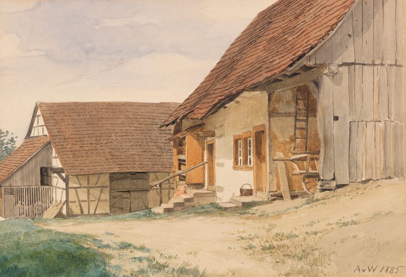 Paisagem rural com uma casa de fazenda, pintura a óleo de Anton von Werner