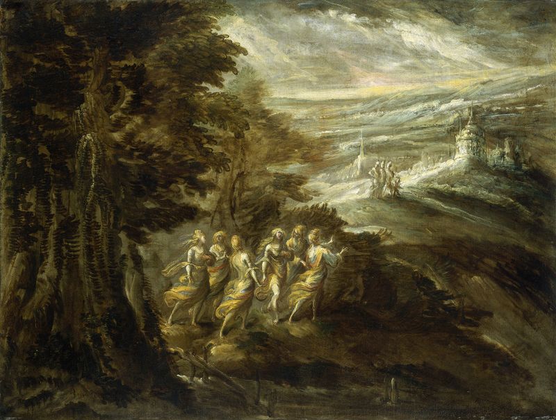 Paisaje Fantástico con Figuras, finales del siglo XVI, de Artista Desconocido, figuras entre colinas y colores vibrantes