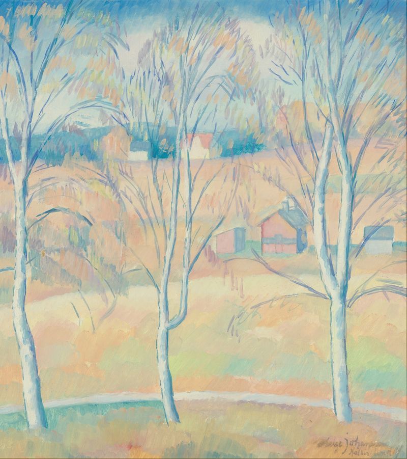 Spring Landscape Hälsingland by Helge Johansson, oil on canvas depicting a lush green landscape.