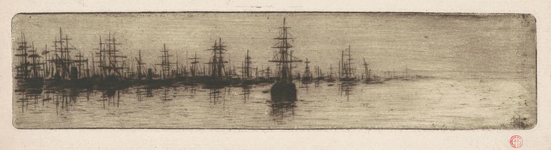 Tall Ships in a Harbor de Henri-Charles Guérard, impresionismo, representando barcos y agua