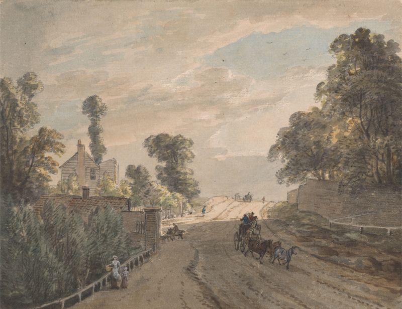 The Bayswater Turnpike de Paul Sandby, aquarela sobre papel que retrata uma estrada sinuosa através da vegetação exuberante.