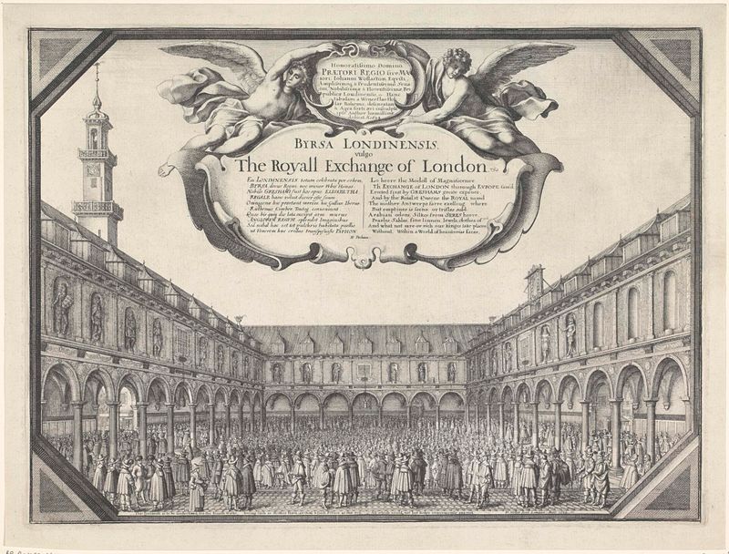 Grabado de Wenceslaus Hollar que muestra un mercado con arquitectura detallada.