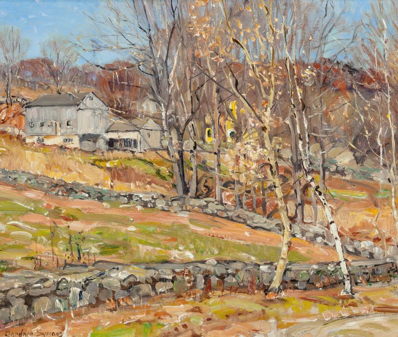 Farmstead and Stone Fence by George Gardner Symons, oil on canvas depicting a rural landscape
