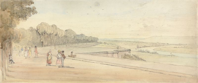 Landscape by Henry Edridge, oil painting featuring a solitary figure in a garden.