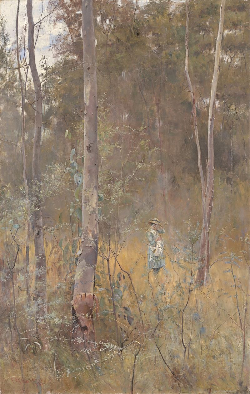Oil painting by Frederick McCubbin depicting a blurred figure in a landscape of solitude.