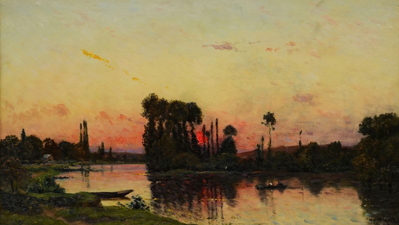 Coucher du soleil sur le rivage by Hippolyte Camille Delpy, oil painting depicting a sunset over the sea.